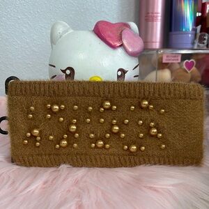Brown Knit Headband with Gold Beads